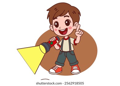 A child turns on a flashlight. Vector illustration in cartoon style.