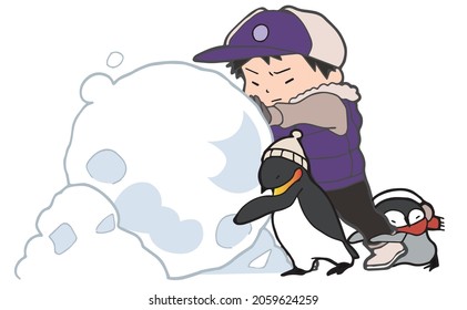 A child and two penguins rolling a large snowball into a snowman.