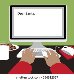 Child types a letter to Santa with copy space Flat design EPS 10 vector illustration