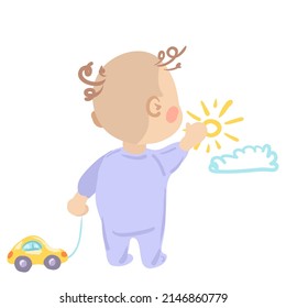 a child with a typewriter on a string draws a sun and a cloud on the wall. creativity and development of children. vector illustration.