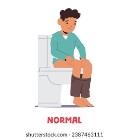 Child With Typical Stool Sits Comfortably On The Toilet, Maintaining Good Posture, And Exhibiting A Relaxed And Contented Expression. Cartoon People Character Vector Illustration