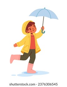 Child with umbrella under rain concept. Boy in autumn and fall season. Schoolboy in yellow coat. Poster or banner. Cartoon flat vector illustration isolated on white background