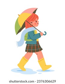 Child with umbrella under rain concept. Girl in autumn and fall season. Schoolgirl in yellow rubber boots. Template and layout. Cartoon flat vector illustration isolated on white background