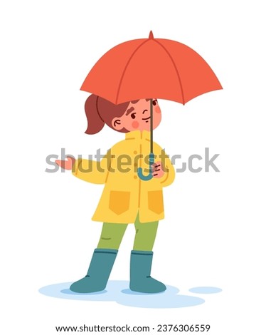 Child with umbrella under rain concept. Girl in autumn and fall season. Schoolgirl with red umbrella. Social media sticker. Cartoon flat vector illustration isolated on white background