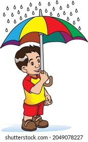niño con ilustración de vector paraguas aislado en fondo blanco