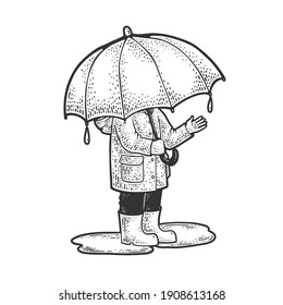 Child under huge umbrella is hiding from the rain sketch engraving vector illustration  T  shirt apparel print design  Scratch board imitation  Black   white hand drawn image 
