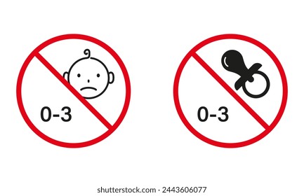 Child Under Three Not Allowed, No Kids 0-3 Year Old Warning Sign. Not Suitable for Kid. Forbidden For Baby Under 3 Years Red Icons. Prohibit Danger Toy For Children. Isolated Vector Illustration.