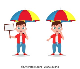 A child under an umbrella, an umbrella in his hand, a cute boy. Vector illustration