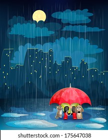 Child under an umbrella in night city. Landscape with night city,  rain and  moon