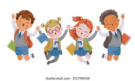 Child uniform jumping. Children uniform jump in the school. Illustration for Children's Day and Education. The moment together of friends. A healthy and happy child.