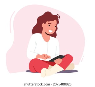 Child Using Gadget Concept, Kid Character with Tablet or Mobile Phone in Hand Studying Online. Remote Education, Addiction of Smart Technologies. Early Development, Cartoon People Vector Illustration