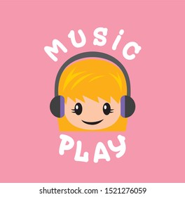 Child using headphones Icon Logo, listening to music, flat girl design vector illustration