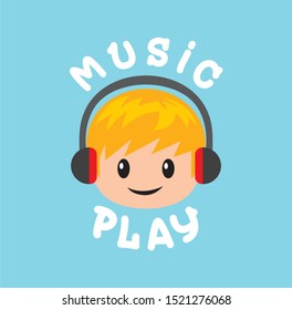 Child using headphones Icon Logo, listening to music, flat boy design vector illustration