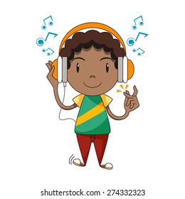 Child using headphones, listening to music, vector illustration