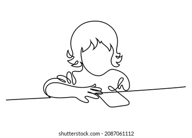 Child using phone in continuous line art drawing style. Little girl watching smartphone black linear sketch isolated on white background. Vector illustration