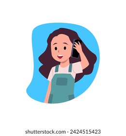 Child using phone for talk and communication, flat cartoon vector illustration isolated on white background. Avatar portrait of child girl with phone in hand.