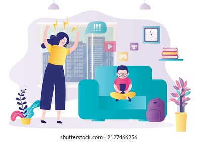 Child is using smartphone. Mother screaming at son. Boy are addicted to social networks and mobile games. Internet and cyber addiction. Problems of psychology and time management. Vector illustration