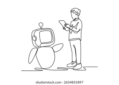 Criança usando tablet com AI chat bot. Conceito de bate-papo de IA. Design de desenho de linha única. Ilustração gráfica vetorial