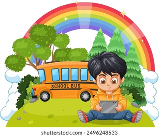 Child using tablet near school bus and trees