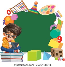 Child using tablet surrounded by educational items