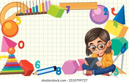 Child using tablet surrounded by educational objects