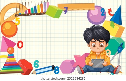Child using tablet surrounded by educational objects