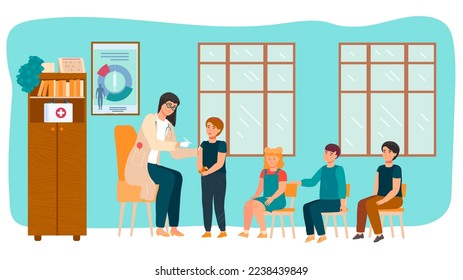 Child vaccination, doctor does vaccine injection to children in kindergarden, kids patient healthcare cartoon vector illustration.