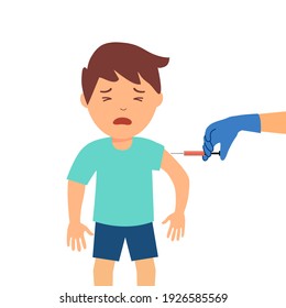 Child vaccination and immunization concept vector illustration on white background. Young boy feel hurt when receiving vaccine injection from nurse.