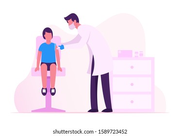 Child Vaccination, Immunization Procedure. Doctor Put Injection to Kid. Boy Sitting on Chair, Medic Shoot Medicine in Shoulder. Little Patient Get Vaccine in Hospital. Cartoon Flat Vector Illustration