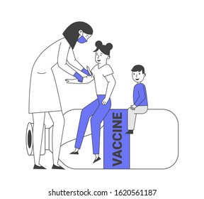 Child Vaccination and Immunization Procedure. Doctor Put Injection to Kids Sitting on Huge Vaccine Bottle. Medic Shoot Medicine to Little Patient Shoulder. Cartoon Flat Vector Illustration, Line Art