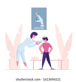 Child Vaccination, Immunization Procedure. Female Doctor Character Put Injection to Kid. Medic Shoot Medicine in Boy Shoulder. Little Patient Get Vaccine in Hospital. Cartoon Flat Vector Illustration