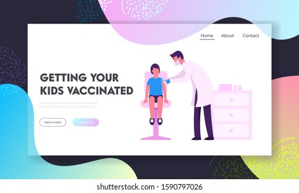 Child Vaccination, Immunization Procedure Website Landing Page. Doctor Put Injection to Kid. Boy Sitting on Chair, Medic Shoot Medicine in Shoulder Web Page Banner. Cartoon Flat Vector Illustration