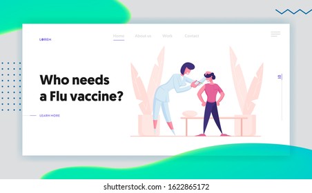 Child Vaccination, Immunization Procedure Website Landing Page. Female Doctor Character Put Injection to Kid. Medic Shoot Medicine in Boy Shoulder Web Page Banner. Cartoon Flat Vector Illustration