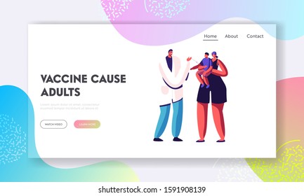 Child Vaccination and Immunization Website Landing Page. Friendly Doctor Put Hypodermic Injection to Baby Sitting on Mother Arms. Illness Prevention Web Page Banner. Cartoon Flat Vector Illustration