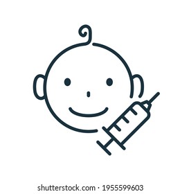 Child Vaccination line icon. Vaccine to Kid. Vaccine for Children against Kids Diseases. Injection against polio, covid, coronavirus, hepatitis, tuberculosis. Editable stroke. Vector illustration.