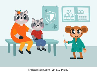 Escena de vacunación infantil. Lindo mapache bebé venir con la madre en el hospital y esperar la vacuna. Escena médica infantil con personajes animales de dibujos animados con clase