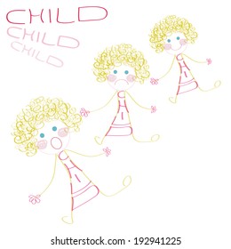 Child with various face expressions: happy, sad, scared; hand draw