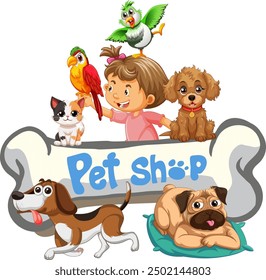 Child with various pets at a pet shop