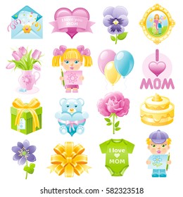 Child vector icon set, Mothers day, baby shower invitation, first birthday greeting card. Gift box bow, bear, flower rose bouquet, cake, girl, boy, love mom logo illustration isolated white background