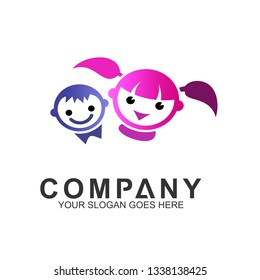 
Child vector logo with a smiley face. Happy kids logo design template for  healthy and happy family, charity icon, adoption and parenting, human community care.