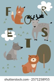 Child Vector nursery poster with forest animals. Flat forest illustrations - wolf, fox, bear, deer. Kids printable card.
