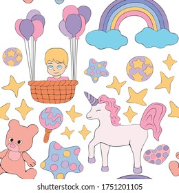 Child vector seamless pattern. Illustration with unicorn, rainbow, toy bear and stars.