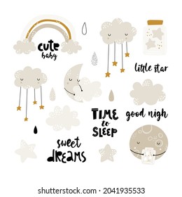 Child vector set with cute clouds, moon, rainbow and hand drawn text. Creative kids prints for fabric, textile, wallpaper, apparel. Kid print with lettering. Greeting card design.