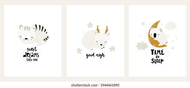 Child vector set with cute greeting card design with sleeping animals, clouds, moon, stars and hand drawn text. Creative kids prints for fabric, textile, wallpaper, apparel. Kid print with lettering.