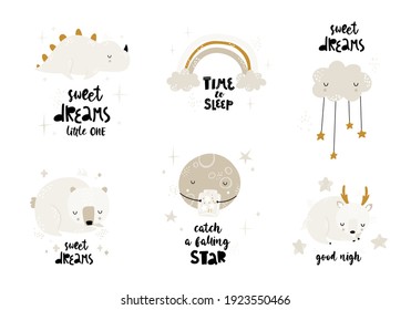 Child vector set with cute sleeping animals, clouds, moon, rainbow and hand drawn text. Creative kids prints for fabric, textile, wallpaper, apparel. Kid print with lettering. Greeting card design.