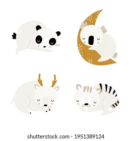 Child vector set with cute sleeping animals. Panda, koala, tiger, deer. Vector funny animal for baby graphic suit printing. Creative kids prints for fabric, textile, wallpaper, apparel, greeting card.