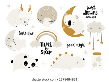 Child vector set with cute sleeping animals, clouds, moon, hand drawn text and stars. Funny animal for baby graphic suit printing. Creative kids prints for fabric,textile,wallpaper, apparel, card.