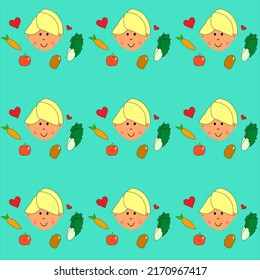 The child and vegetables seamless pattern is a seamless pattern design which has joyful and colorful pattern design.