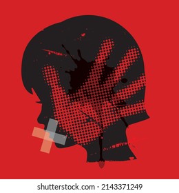  Child, victim of violence. Little girl grunge silhouette with hand print on the face and with taped mouth. Vector available.
