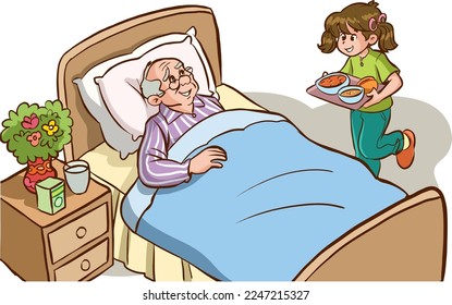 Child visiting grandfather in hospital. grandchild taking food to his sick grandfather cartoon vector